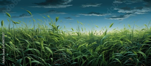 A painting depicting a vast field of lush green grass stretching towards the horizon under a clear blue sky. The grass sways gently in the wind, creating a sense of movement and life in the tranquil