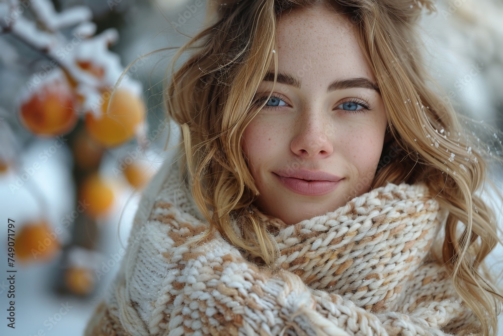 A beautiful girl with blue eyes smiles warmly despite the snowy backdrop A beautiful girl with blue eyes smiles warmly despite the snowy backdrop