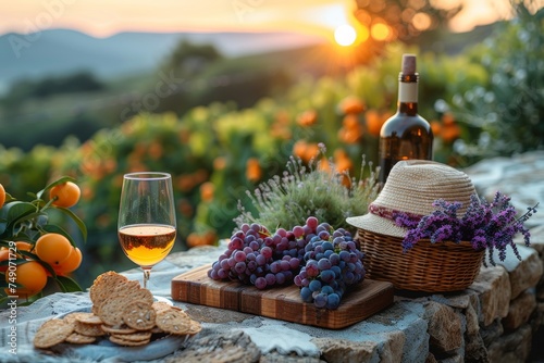 A romantic setting featuring a glass of wine  grapes on a board  with a sun setting over lush vineyards