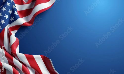 American Flag Waving with Elegant Folds on Blue Background photo