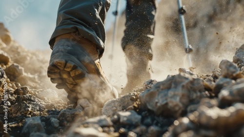 A pair of hiking boots trudge up a rugged rocky slope leaving behind a trail of dust as the hiker pushes through the challenging terrain with determination and perseverance.
