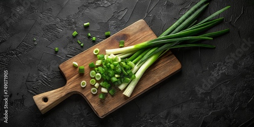 Board with Slices of Fresh Green Onion on Black Table: Ideal for Food Presentation, Culinary Concepts, and Healthy Eating.