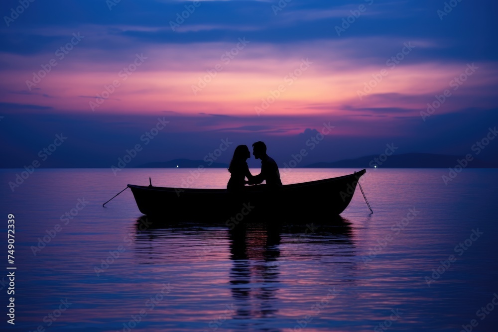 A couple's silhouette on a boat against a vivid sunset over calm waters. Romantic Silhouette of Couple on Boat at Sunset
