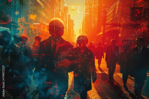 A bustling city street in golden hour light with a double exposure effect creating a surreal and cinematic atmosphere, possibly for modern art or urban lifestyle themes. photo