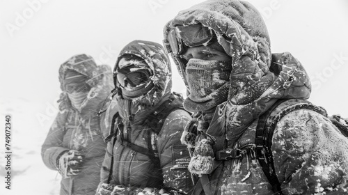 A group of hikers huddle together faces covered in thick masks as they trudge through waistdeep snow determined to push through the relentless polar storm that threatens photo