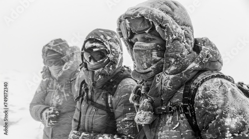 A group of hikers huddle together faces covered in thick masks as they trudge through waistdeep snow determined to push through the relentless polar storm that threatens