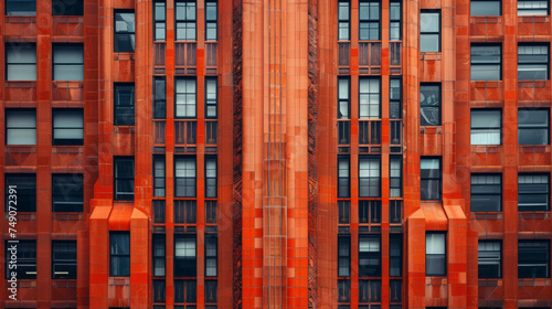 Standing out a its neighboring buildings a vibrant orange art deco structure boasts bold lines and dramatic shapes. Its facade features intricate patterns and textures adding