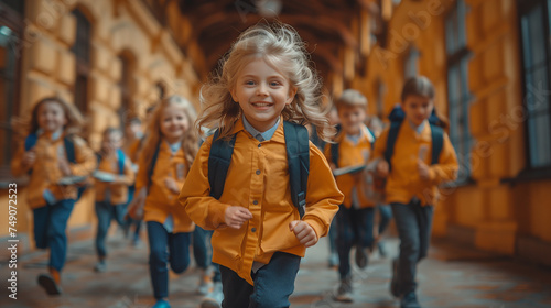 Little schoolkids in uniform sprint joyfully through school hallways, laughing