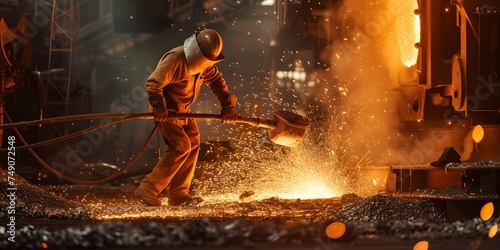a worker is at work pouring very hot molten metal photo