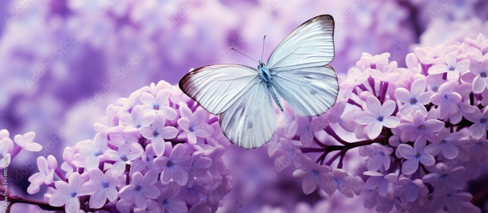 Φωτογραφία A blue butterfly is perched delicately on top of a purple flower, showcasing a striking contrast of colors in natures beauty