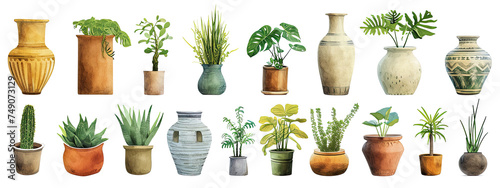 Assorted Potted Plants and Vases on White Background Generative AI