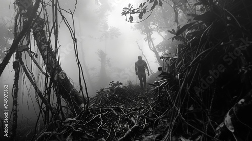 Through the dense mist and fog a person trudges forward determined to push through the harsh rainforest terrain. The ground is covered in tangled vines roots and branches photo