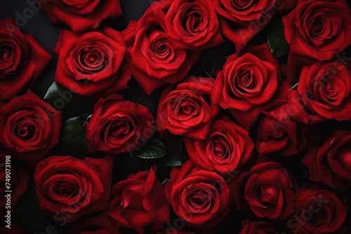 A rich array of red roses in full bloom against a dark backdrop  creating a luxurious and romantic feel. Vibrant Red Roses on Dark Background