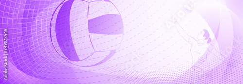 Volleyball themed background in purple tones with abstract meshes, curves and dotted lines, with a female volleyball player hitting the ball