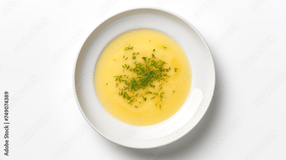 white round plate featuring the daily soup against a white backdrop in a top-down perspective white round plate featuring the daily soup against a white backdrop in a top-down perspective