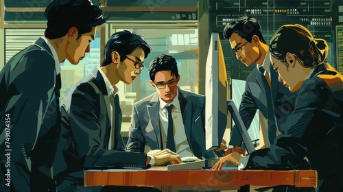A team of professionals in suits huddled around a computer intently discussing the various factors to consider in a costbenefit analysis in order to make sound and profitable photo