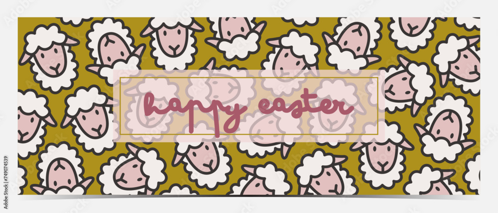 Cute Easter banner, cover, poster, greeting card, label, flyer with white adorable sheep on the green background