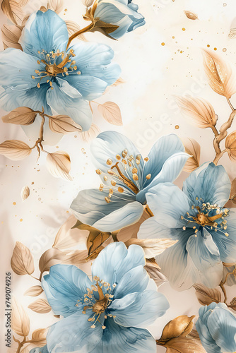 Watercolor blue spring flowers on beige background