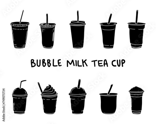 Bubble milk. Tea cup. Pearl milk tea. Doodle style. Logo