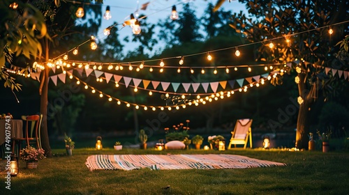 Twilight summer garden party, string lights and bunting create magic