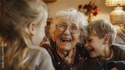 Senior woman and grandchildren laughing in joyful home