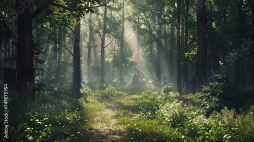 A lone traveler navigates way through a dense forest following a winding trail that leads deeper into the unknown. Sunlight filters through the trees casting dappled