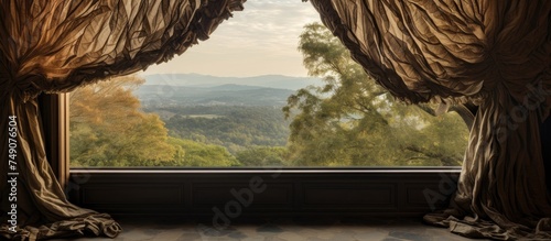 A window showing a view of the mountains. The mountains are covered with snow, and the sky is clear. The window has a textured curtain partially obscuring the view.
