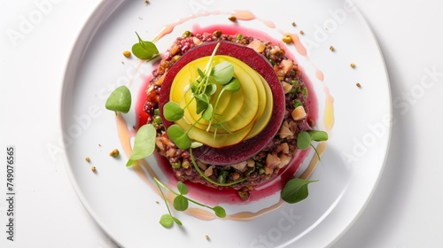 tartare with v, gf vegan twist, featuring beets, green apple, and capers, arranged on a white round plate, presented against a white background in an aerial view