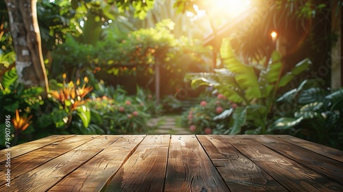 empty wooden table top in focus with a beautifully blurred background