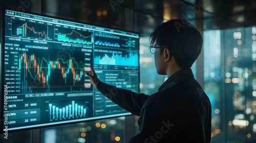 Young Stock Trader Shows to the Executive Managers Cryptocurrency and Trade Market Correlation Pointing at the Wall TV.