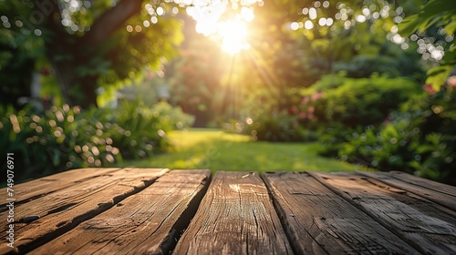 empty wooden table top in focus with a beautifully blurred background