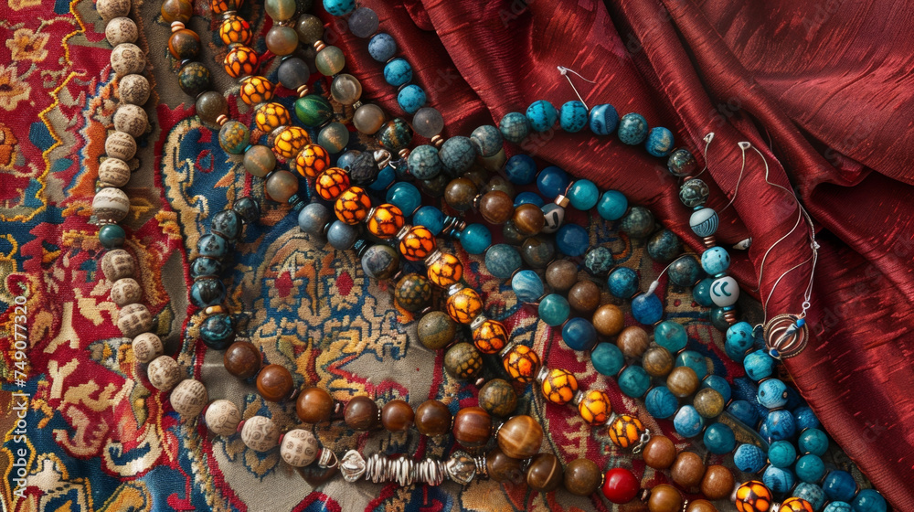 Brightly colored prayer beads made from various materials such as gemstones and beads are showcased on velvet cushions attracting the faithful seeking to increase their spiritual Brightly colored prayer beads made from various materials such as gemstones and beads are showcased on velvet cushions attracting the faithful seeking to increase their spiritual