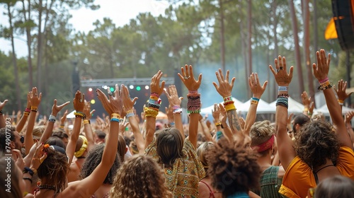 Audience with hands in the air at a music festival © INK ART BACKGROUND