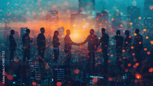 Mixed media of group of people shaking hands and digital technology concept. Business technology. System engineering. Wide angle visual for banners or advertisements.