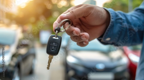 Man handing over smart car key Rental car delivery