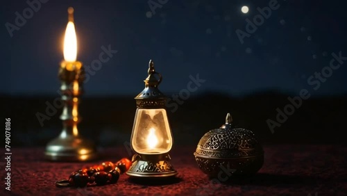 Ramadan kareem lamp with a night sceene and a moon in the sky photo