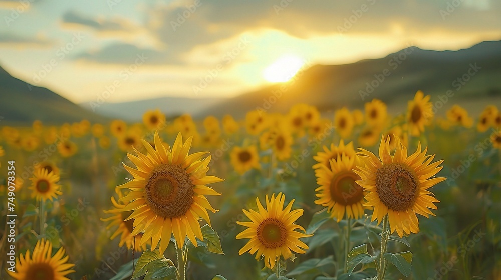 Fototapeta premium Beautiful field of blooming sunflowers against sunset golden light and blurry mountains landscape background