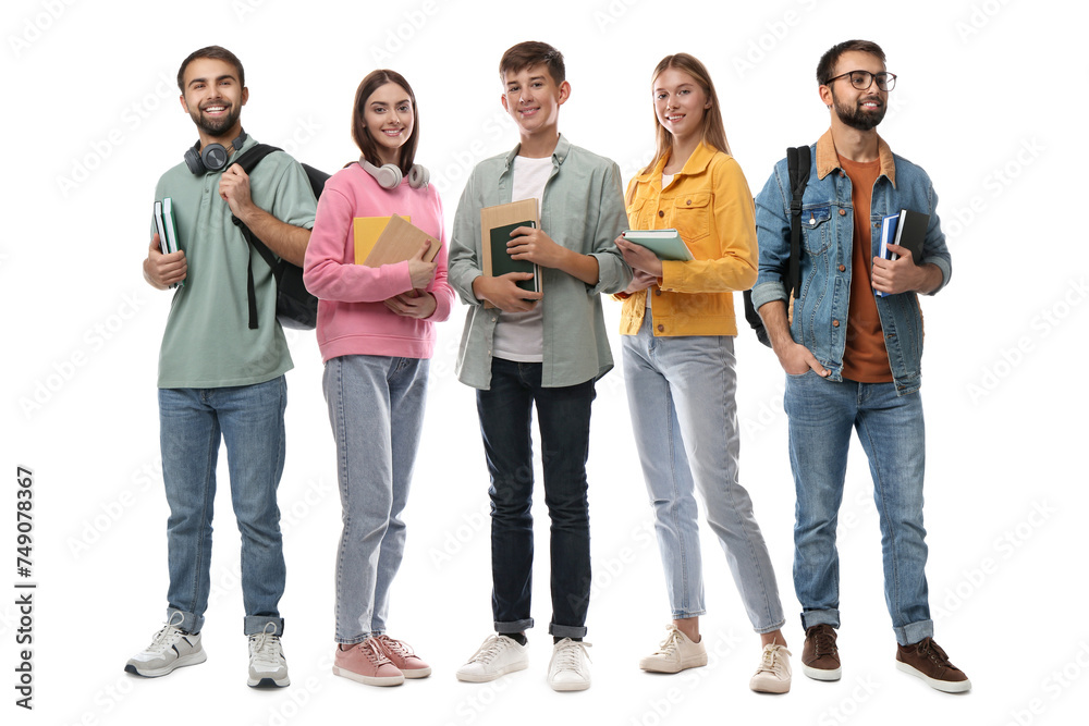 Group of happy students with books on white background Group of happy students with books on white background