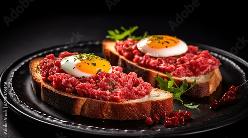 Delicious fresh beef tartar with toasts