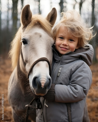 Child hugging white horse. Hippotherapy for emotional connection and rehabilitation