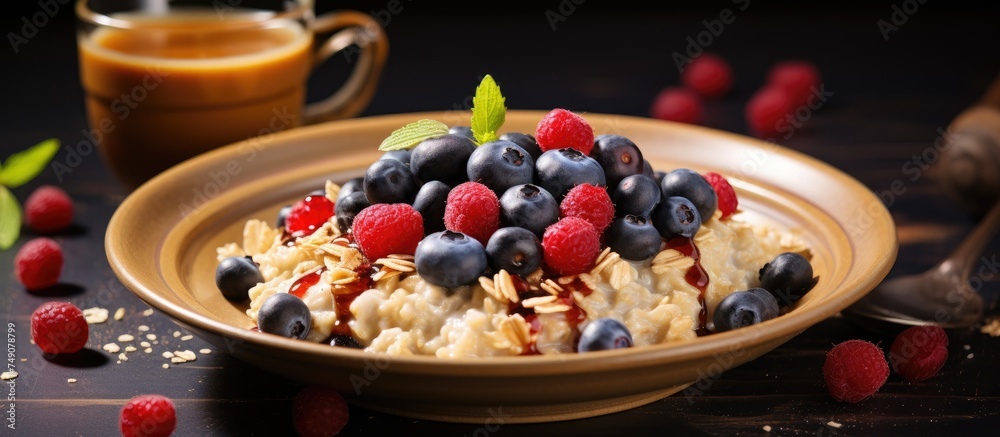 A white bowl filled with nutritious oatmeal topped with fresh blueberries and raspberries, served with a drizzle of honey on a dark background. A white bowl filled with nutritious oatmeal topped with fresh blueberries and raspberries, served with a drizzle of honey on a dark background.