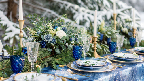 blue and white flowers on table setting