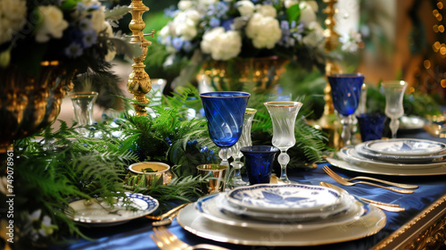 table setting with blue colors and flowers