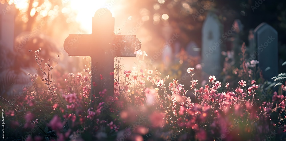 cemetery, cross in the cemetery, flowers, roses, funeral, mysterious and calm atmosphere of peace - obrazy, fototapety, plakaty 