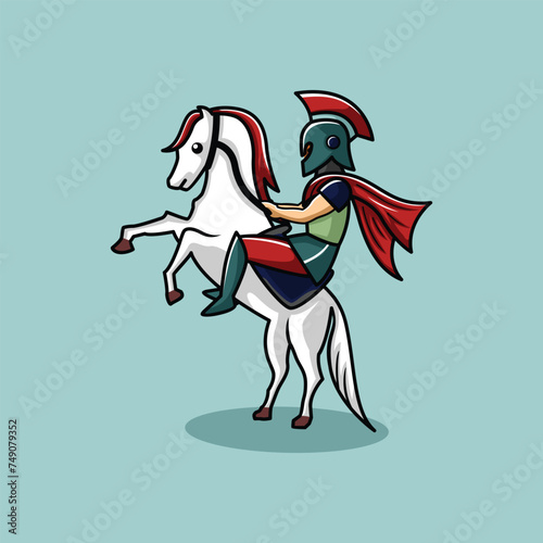 Cartoon spartan warrior riding a horse bravely
