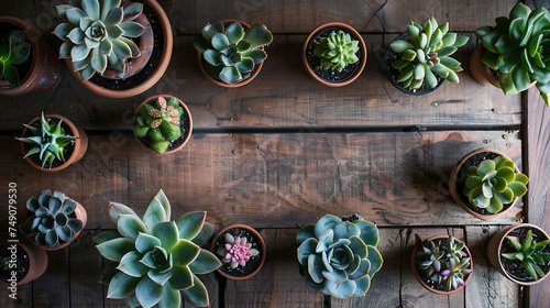 Várias suculentas em pots em uma mesa rústica iluminadas por luz natural suave através da janela