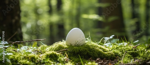 A white egg rests on top of lush green moss, blending seamlessly with the natural surroundings. The contrast between the egg and the textured moss creates a simple yet striking composition.