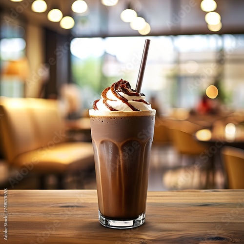 A close-up shot of a chocolate cold coffee placed elegantly on a rustic wooden table in a cozy coffee shop. 