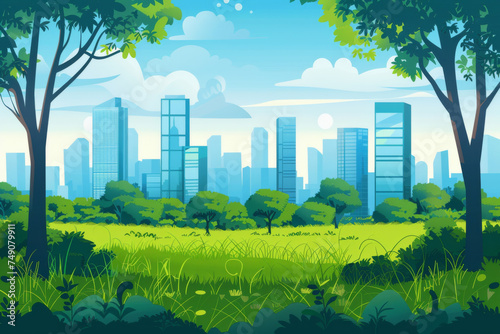 Horizontal banner or poster citylandscape with green park. 