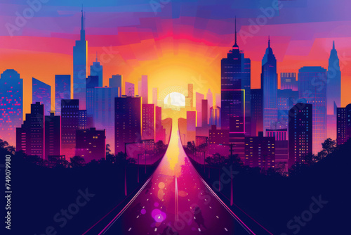Silhouette of colorful city. Panorama of city with road on landscape background. 